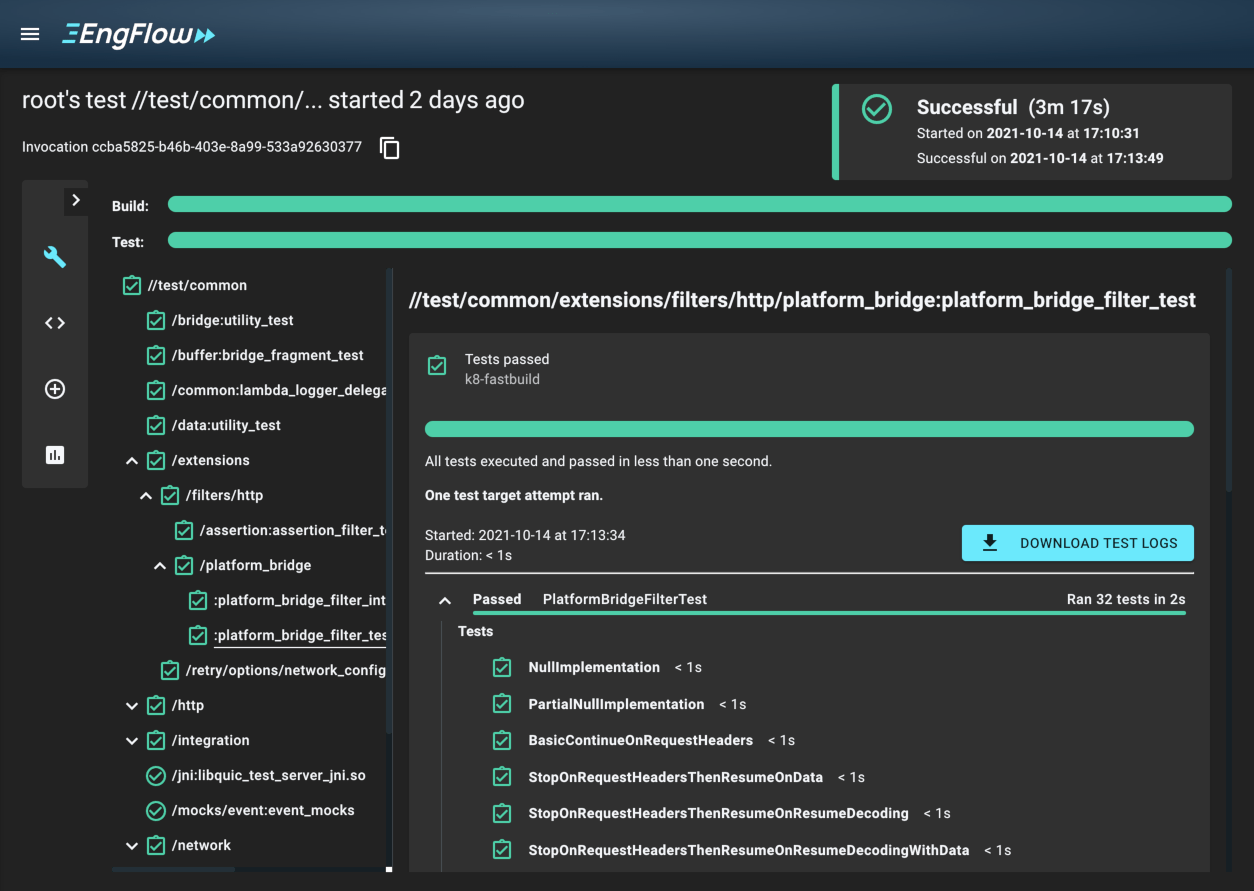 Screenshot showing the EngFlow Build and Test UI Screenshot showing the EngFlow Build and Test UI